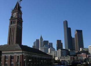 King Street Station with Seattle skyline