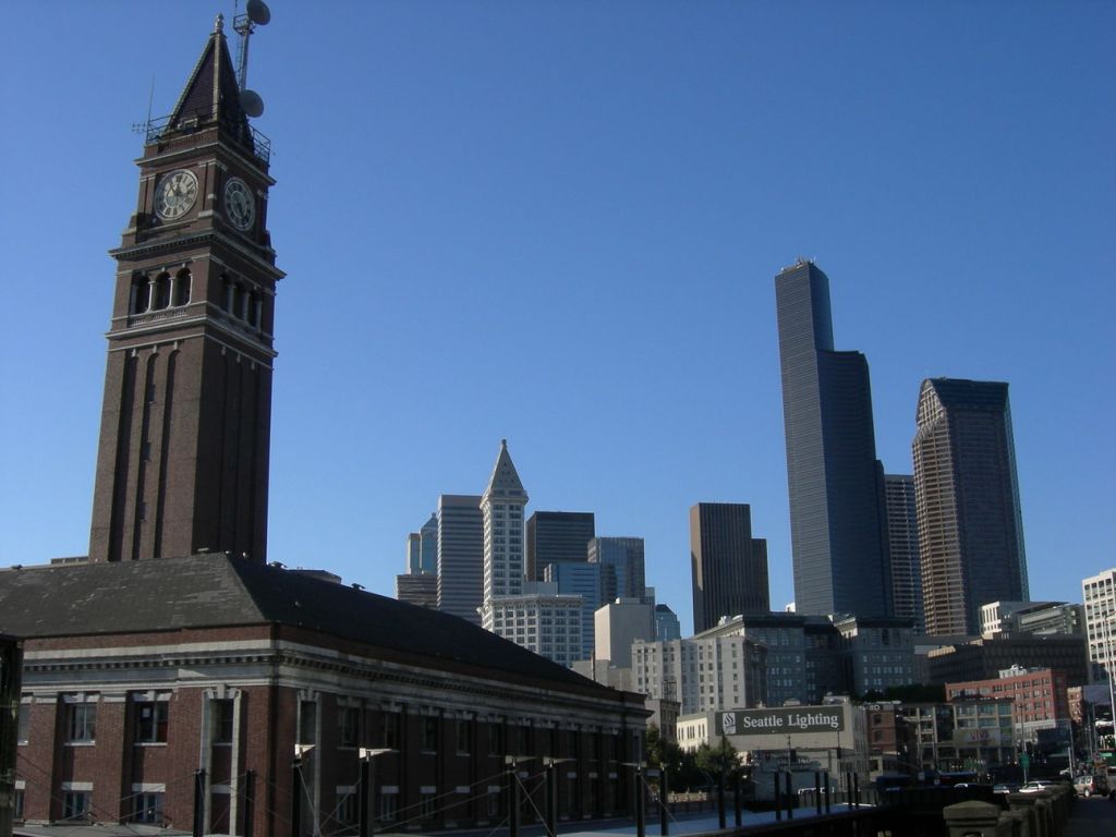 King Street Station with Seattle skyline