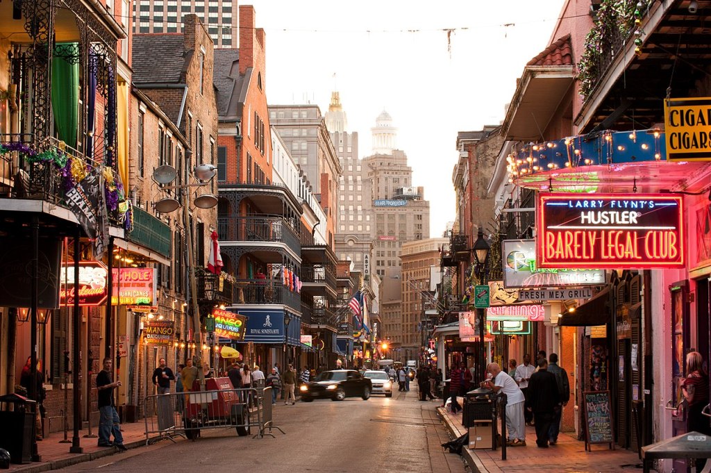 Bourbon Street and downtown New Orleans skyline