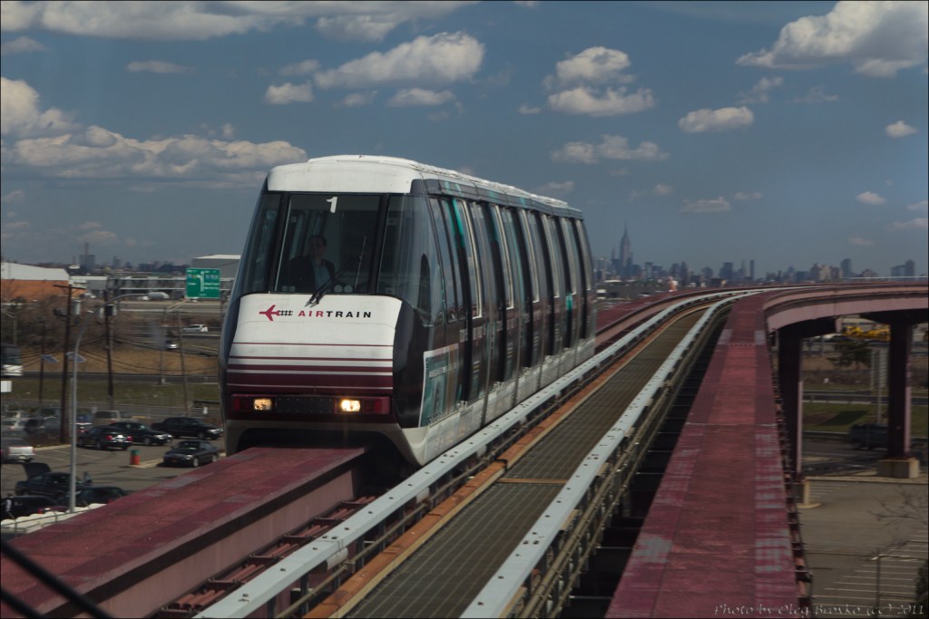 Newark Airport AirTrain with Manhattan skyline