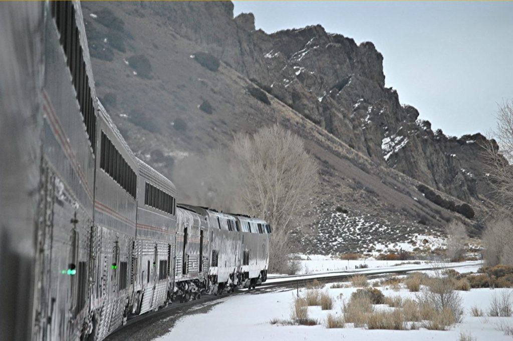 California Zephyr in Colorado Mountains with snow