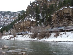 Two California Zephyr trains in Glenwood Canyon