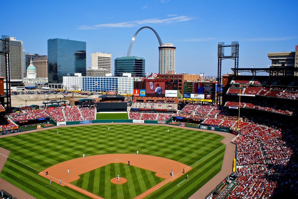 St. Louis base field with skyline